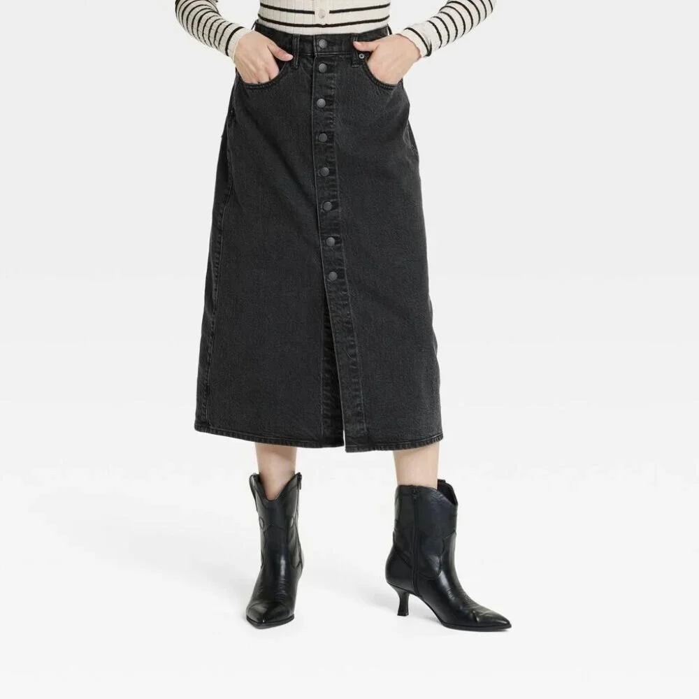 NWT Universal Thread Women's Size 16 Black A-line Midi Denim High Rise Skirt - Picture 1 of 13